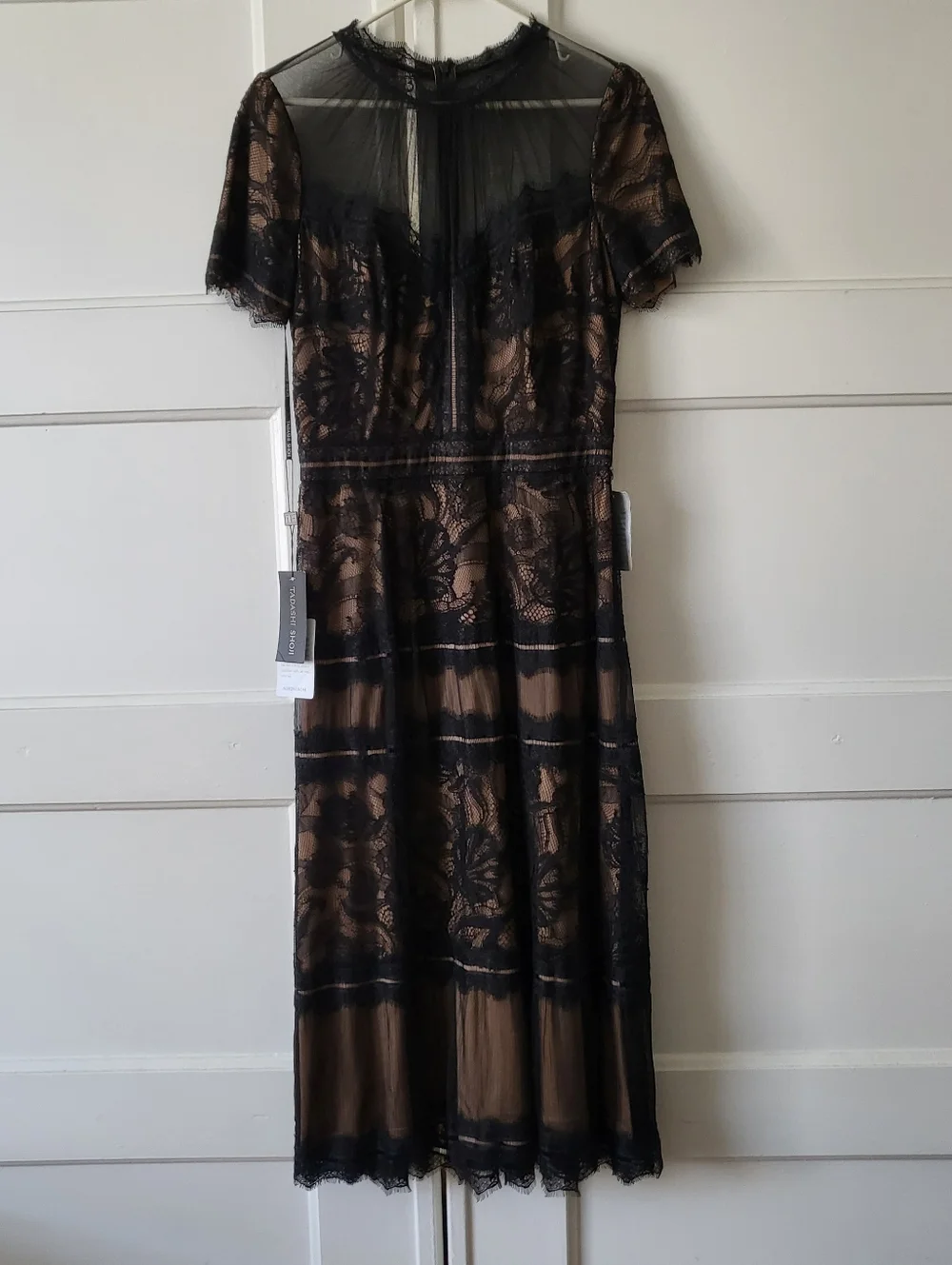 NWT Tadashi Shoji Camille Tea Length Lace Dress Black Nude Size 8 - Picture 1 of 9